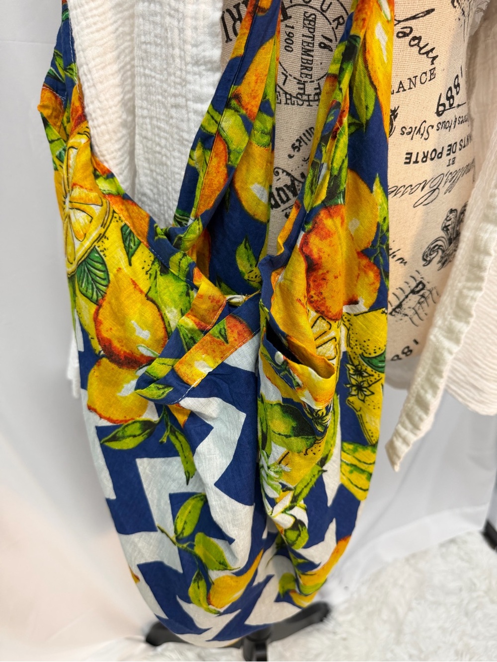 Antica Sartoria Lemon Print Cotton Slouchy Hobo Beach Bag